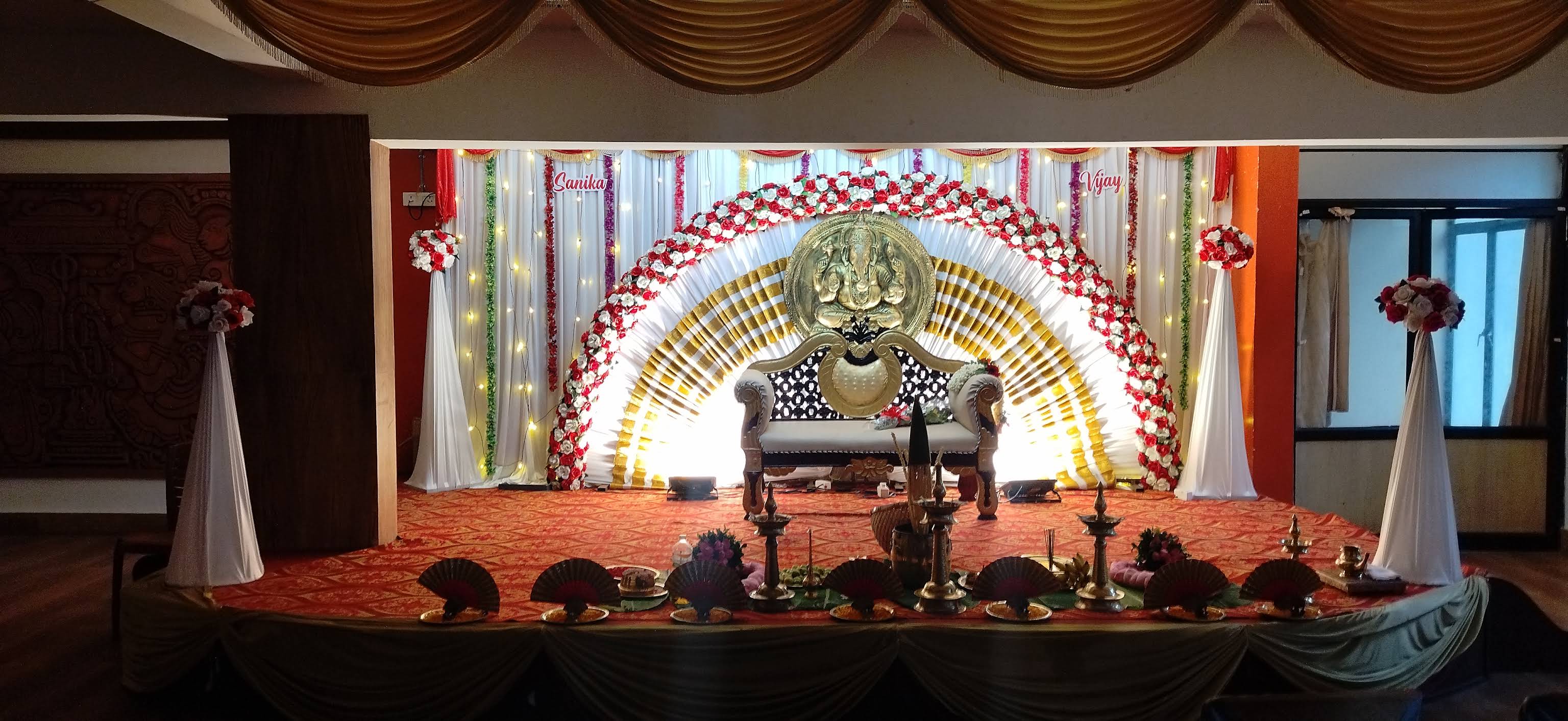 Guruvayur temple wedding celebration in a decorated wedding hall